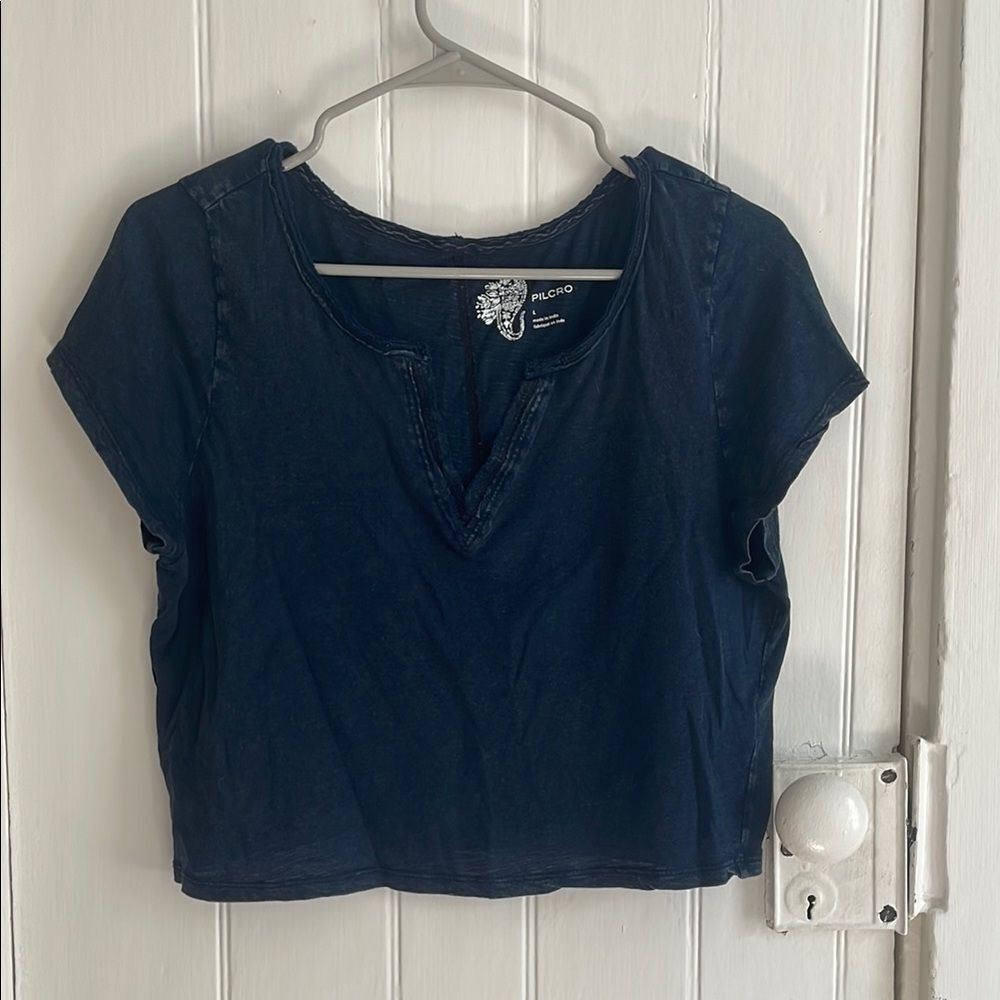 Pilcro Navy Distressed Cropped Tee